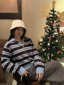 DAZY Women's Autumn/Winter Knit Sweater, Collared, Blue & Black Contrast Striped, Short Loose Casual Street Commute Versatile - Blue - View 8