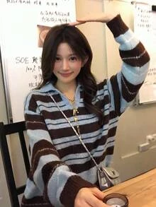 DAZY Women's Autumn/Winter Knit Sweater, Collared, Blue & Black Contrast Striped, Short Loose Casual Street Commute Versatile - Blue - View 1