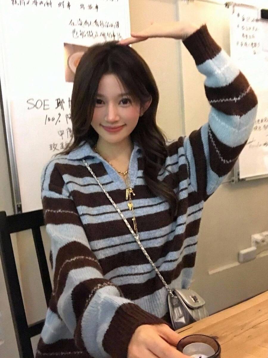 DAZY Women's Autumn/Winter Knit Sweater, Collared, Blue & Black Contrast Striped, Short Loose Casual Street Commute Versatile - Blue - View 1