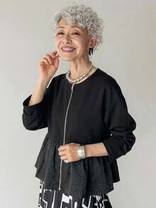 FRIFUL Middle-Aged Women's Autumn Solid Color Metal Zipper Bud Hem Regular Jacket - Black - View 4