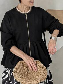 FRIFUL Middle-Aged Women's Autumn Solid Color Metal Zipper Bud Hem Regular Jacket - Black - View 7