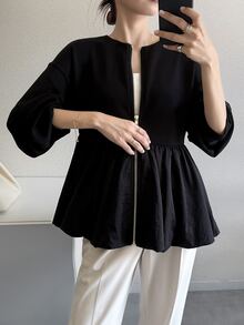 FRIFUL Middle-Aged Women's Autumn Solid Color Metal Zipper Bud Hem Regular Jacket - Black - View 8