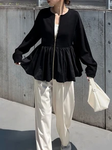 FRIFUL Middle-Aged Women's Autumn Solid Color Metal Zipper Bud Hem Regular Jacket - Black - View 9