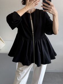 FRIFUL Middle-Aged Women's Autumn Solid Color Metal Zipper Bud Hem Regular Jacket - Black - View 1