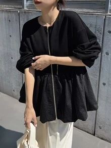 FRIFUL Middle-Aged Women's Autumn Solid Color Metal Zipper Bud Hem Regular Jacket - Black - View 5