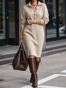 Velvienne Women's Plus Size Knit Dress With Lapel Collar And Half-Button Front, Loose Fit Mid-Length Knit Dress With Pockets, Casual Autumn/Winter Outing Dress - Volcanic Gray - View 5