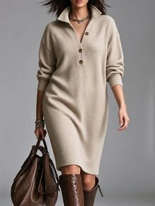 Velvienne Women's Plus Size Knit Dress With Lapel Collar And Half-Button Front, Loose Fit Mid-Length Knit Dress With Pockets, Casual Autumn/Winter Outing Dress - Volcanic Gray - View 1