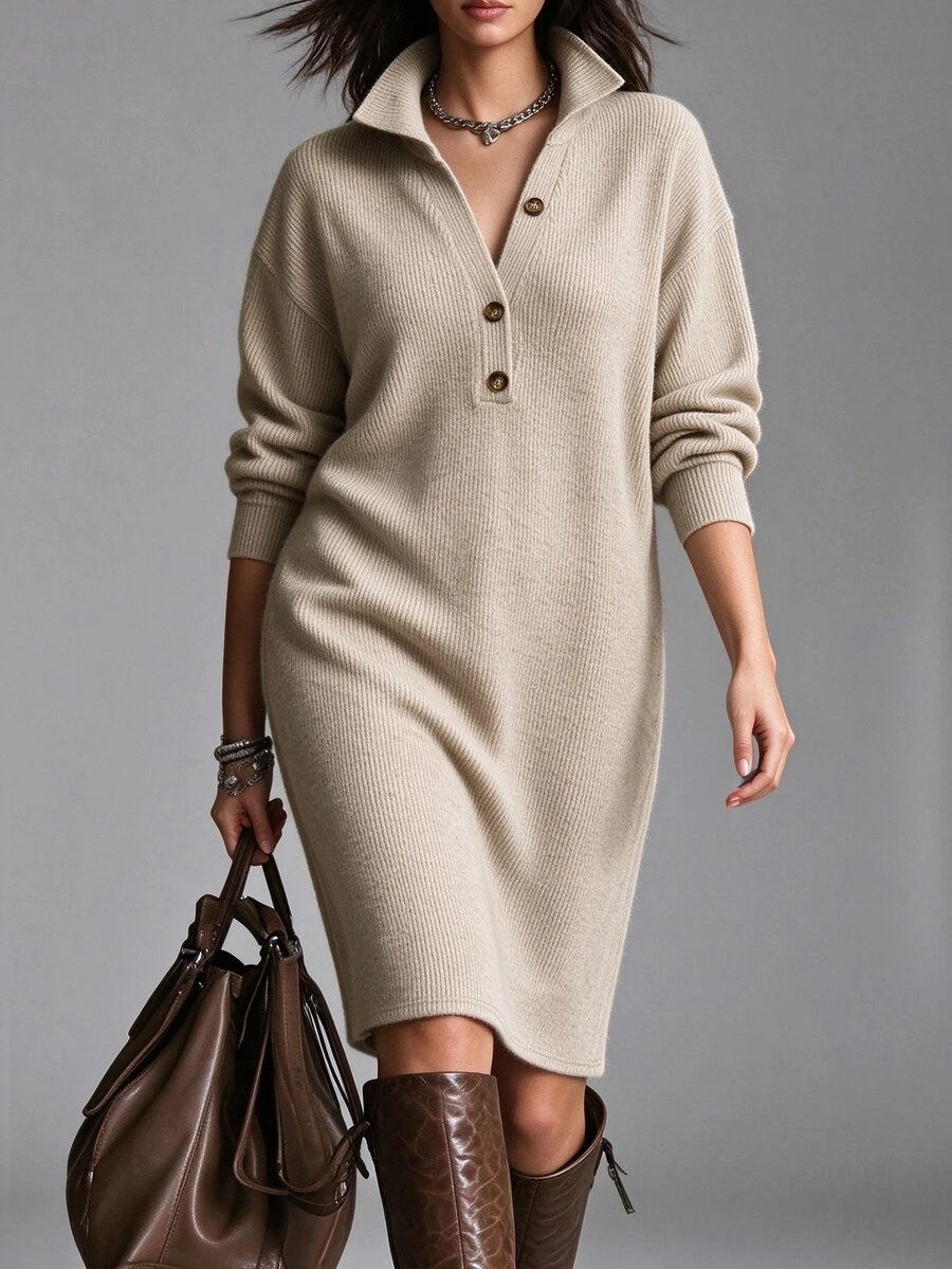 Velvienne Women's Plus Size Knit Dress With Lapel Collar And Half-Button Front, Loose Fit Mid-Length Knit Dress With Pockets, Casual Autumn/Winter Outing Dress - Volcanic Gray - View 1