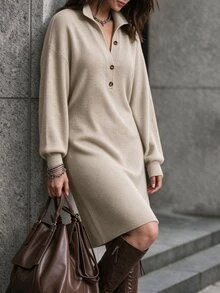 Velvienne Women's Plus Size Knit Dress With Lapel Collar And Half-Button Front, Loose Fit Mid-Length Knit Dress With Pockets, Casual Autumn/Winter Outing Dress - Volcanic Gray - View 7