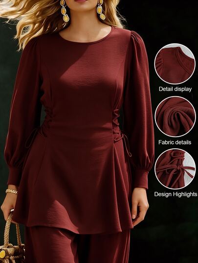 GlowEve CURVE Conjunto de 2 piezas para mujer talla grande con top de cuello redondo y diseño de lazo en la cintura + pantalones largos casuales, conjunto de 2 piezas para salidas casuales