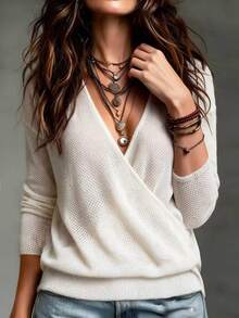 Glimmora Women's Solid Color V-Neck Casual Long Sleeve T-Shirt For Daily Wear - Apricot - View 1