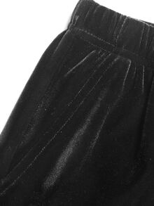 SHEIN 兒童青少年女孩優雅休閒純黑色字母亮片連帽天鵝絨秋季夾克與寬腿褲2件套 - 黑色 - 查看 9