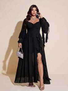 Viva Relle Plus Size Women's Ruched Bust Flowy Hem Long Dress With Ruffle Trim, Suitable For Dating, Cocktail Party, Party And Other Occasions Fall - Black - View 5