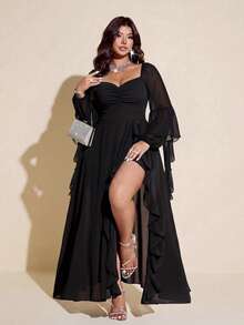 Viva Relle Plus Size Women's Ruched Bust Flowy Hem Long Dress With Ruffle Trim, Suitable For Dating, Cocktail Party, Party And Other Occasions Fall - Black - View 3