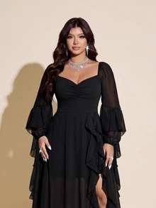 Viva Relle Plus Size Women's Ruched Bust Flowy Hem Long Dress With Ruffle Trim, Suitable For Dating, Cocktail Party, Party And Other Occasions Fall - Black - View 4
