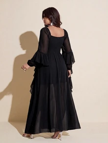 Viva Relle Plus Size Women's Ruched Bust Flowy Hem Long Dress With Ruffle Trim, Suitable For Dating, Cocktail Party, Party And Other Occasions Fall - Black - View 2