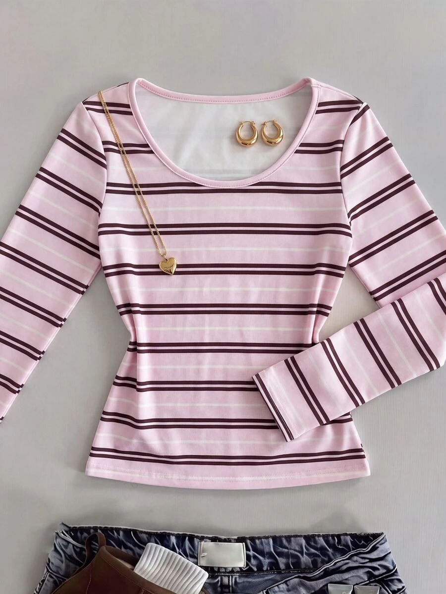 SHEIN Tween Girl Tween Girls' Ribbed Scoop Neck Fitted Pink White Stripe Printed Versatile Long Sleeve T-Shirt - Pink - View 1
