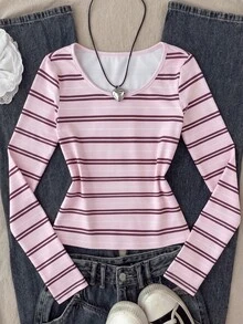 SHEIN 青少年女孩羅紋圓領修身粉白條紋印花百搭長袖T恤 - 粉色 - 查看 4