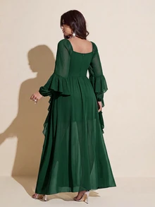 Viva Relle Plus Size Women's Ruched Bust Flowy Hem Long Dress With Long Ruffle Trim, Suitable For Dates, Cocktail Parties, Parties And Other Occasions - Dark Green - View 2
