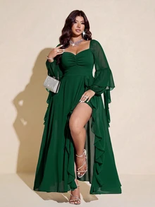 Viva Relle Plus Size Women's Ruched Bust Flowy Hem Long Dress With Long Ruffle Trim, Suitable For Dates, Cocktail Parties, Parties And Other Occasions - Dark Green - View 3
