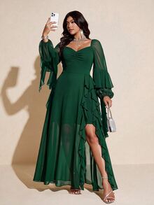 Viva Relle Plus Size Women's Ruched Bust Flowy Hem Long Dress With Long Ruffle Trim, Suitable For Dates, Cocktail Parties, Parties And Other Occasions - Dark Green - View 1