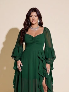 Viva Relle Plus Size Women's Ruched Bust Flowy Hem Long Dress With Long Ruffle Trim, Suitable For Dates, Cocktail Parties, Parties And Other Occasions - Dark Green - View 4