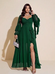 Viva Relle Plus Size Women's Ruched Bust Flowy Hem Long Dress With Long Ruffle Trim, Suitable For Dates, Cocktail Parties, Parties And Other Occasions - Dark Green - View 5