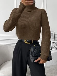 SHEIN Autumn/Winter Casual Versatile Solid Color Turtleneck Sweater - Brown - View 7