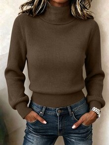SHEIN Autumn/Winter Casual Versatile Solid Color Turtleneck Sweater - Brown - View 2