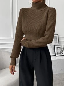 SHEIN Autumn/Winter Casual Versatile Solid Color Turtleneck Sweater - Brown - View 6