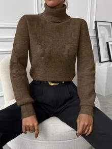 SHEIN Autumn/Winter Casual Versatile Solid Color Turtleneck Sweater - Brown - View 5