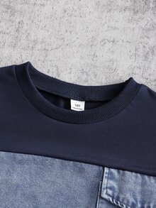 SHEIN 2pcs Tween Boy Fashion Navy Blue Sweatshirt & Washed Denim Jeans Set, Patchwork Denim Pocket Design, Soft Comfortable Fabric, Easy To Wear, Suitable For Spring And Autumn, School, Outings, Must-Have Street Style Outfit For Boys - Blue - View 8