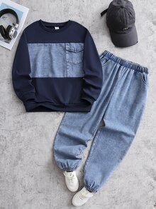 SHEIN 2pcs Tween Boy Fashion Navy Blue Sweatshirt & Washed Denim Jeans Set, Patchwork Denim Pocket Design, Soft Comfortable Fabric, Easy To Wear, Suitable For Spring And Autumn, School, Outings, Must-Have Street Style Outfit For Boys - Blue - View 5