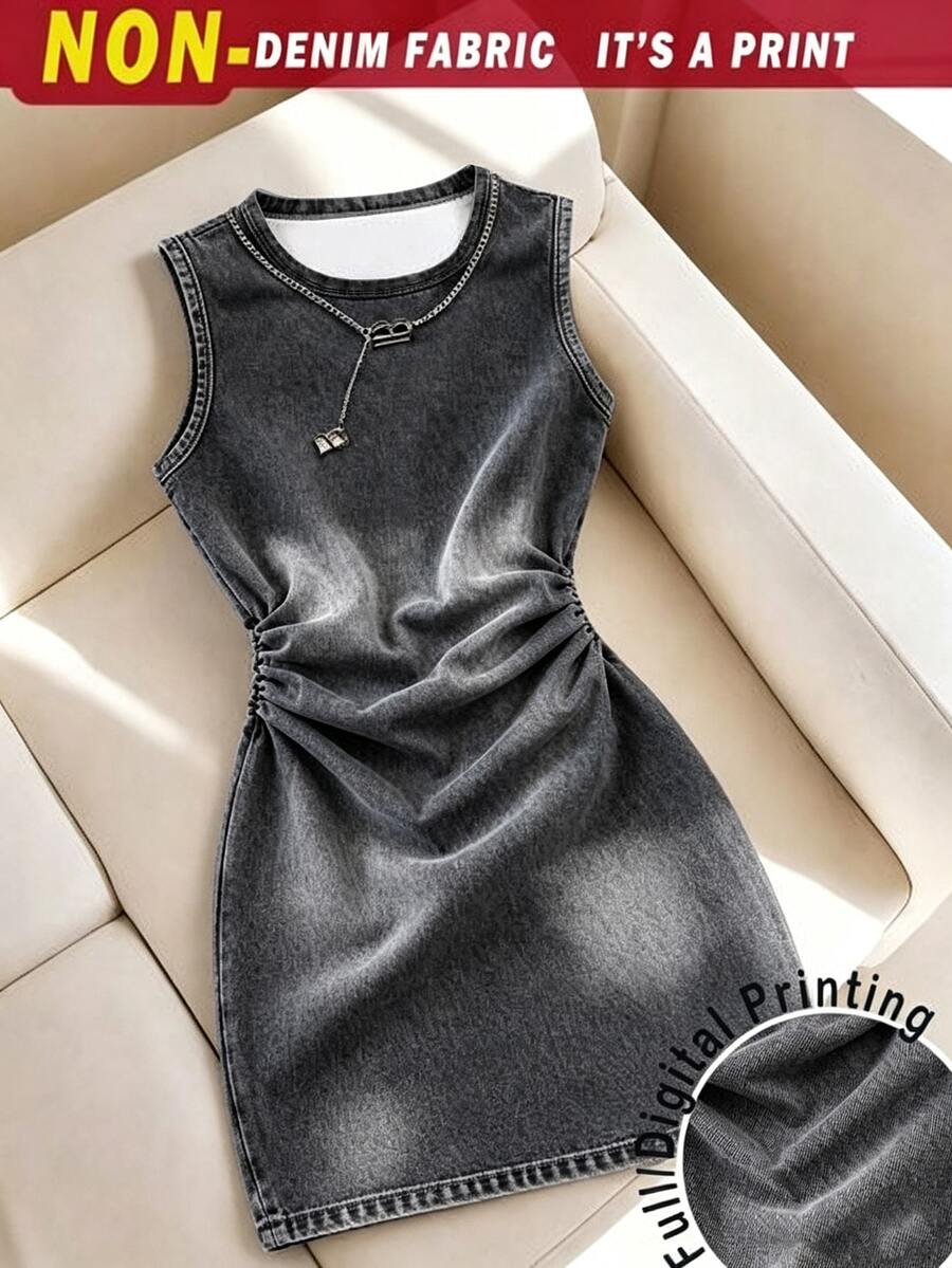 SHEIN Teen Girls Black All-Over Print Sleeveless Dress Suitable For Spring Summer Autumn Suitable For Outings Suitable For Girls Girl Daily Comfortable Minimalist Classic Fitted Dress - Multicolor - View 1