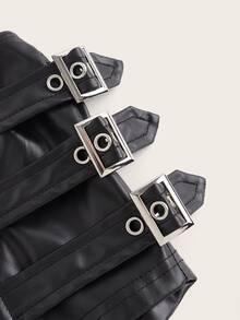 SHEIN ICON Women's Side Eyelet Buckle Design Zipper Fly PU Leather Shorts - Black - View 9
