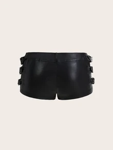 SHEIN ICON Women's Side Eyelet Buckle Design Zipper Fly PU Leather Shorts - Black - View 3