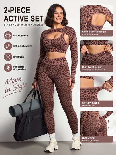 Easithlete Easithlete Seamless Women's Sports Set, Yoga Leggings, Leopard Print Sports Set For Outdoor Sports, 3 Pieces Sports Set, Slim Fit Butt-Lifting Waist-Cinching Casual Sports Set