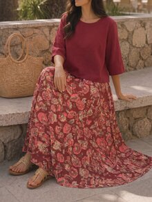 Lacomfia Plus Size 2 Pieces Set Top Made Of Traceable Cotton Fabric And Skirt Made Of Printed Fabric, Suitable For Spring/Summer Daily Wear And Gatherings - Red Violet - View 7