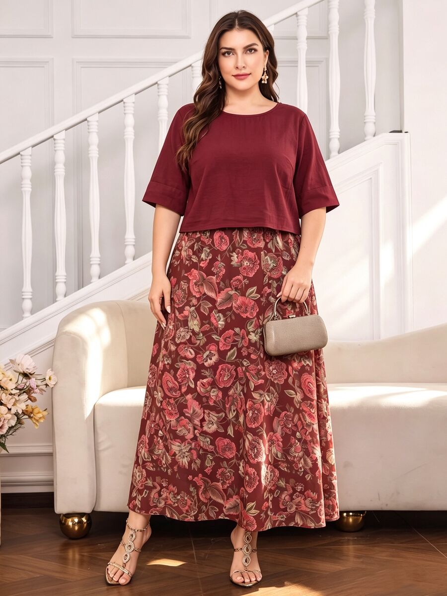 Lacomfia Plus Size 2 Pieces Set Top Made Of Traceable Cotton Fabric And Skirt Made Of Printed Fabric, Suitable For Spring/Summer Daily Wear And Gatherings - Red Violet - View 1