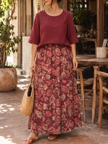 Lacomfia Plus Size 2 Pieces Set Top Made Of Traceable Cotton Fabric And Skirt Made Of Printed Fabric, Suitable For Spring/Summer Daily Wear And Gatherings - Red Violet - View 5