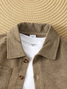 2pcs/Set Boys Casual Corduroy Fabric Long Sleeve Shacket And Pants Set, Suitable For Spring/Autumn Daily Casual Wear, Suitable For Autumn/Winter Young Boy Outfit, Comfortable Fabric, Fashionable Fit, Spring/Summer New Style, Suitable For Multiple Seasons And Occasions - Khaki - View 4