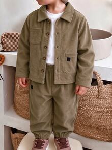2pcs/Set Boys Casual Corduroy Fabric Long Sleeve Shacket And Pants Set, Suitable For Spring/Autumn Daily Casual Wear, Suitable For Autumn/Winter Young Boy Outfit, Comfortable Fabric, Fashionable Fit, Spring/Summer New Style, Suitable For Multiple Seasons And Occasions - Khaki - View 1