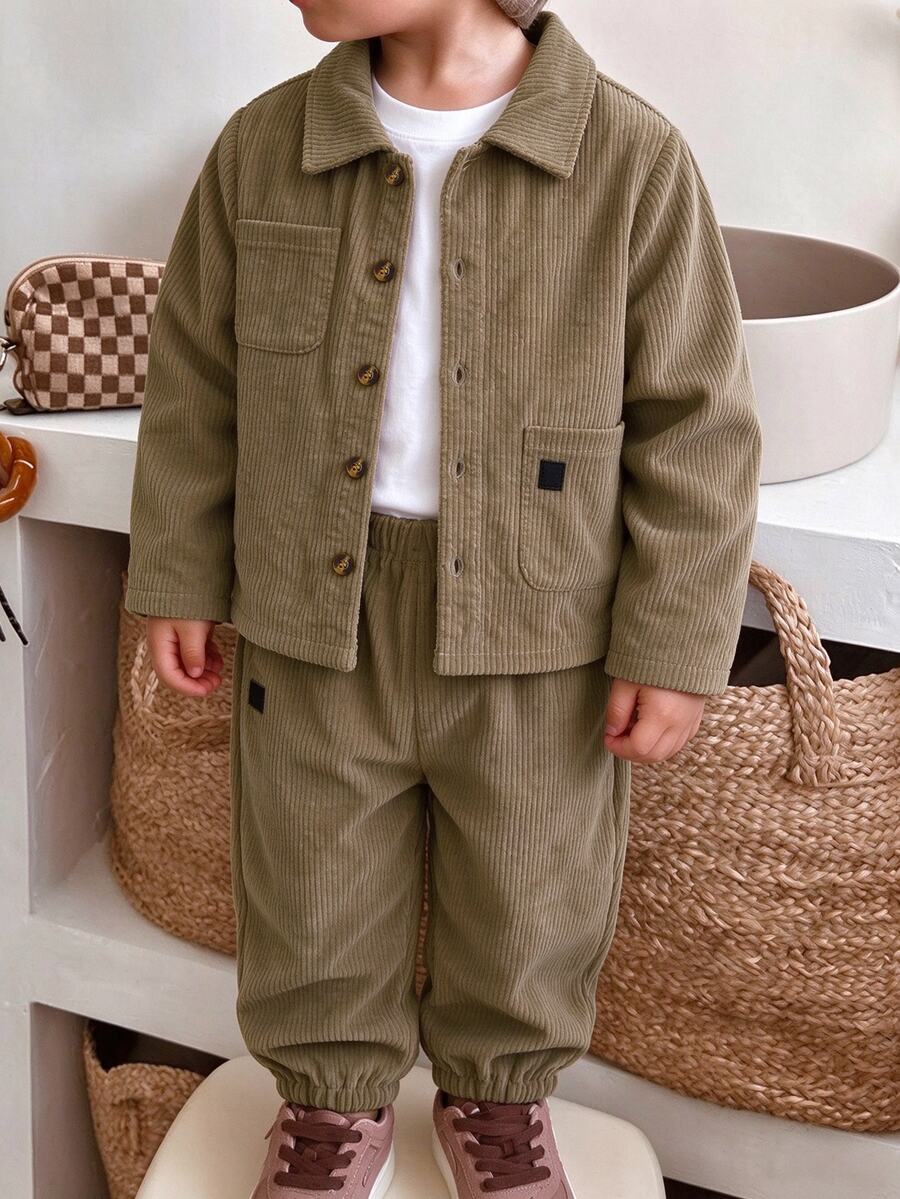 2pcs/Set Boys Casual Corduroy Fabric Long Sleeve Shacket And Pants Set, Suitable For Spring/Autumn Daily Casual Wear, Suitable For Autumn/Winter Young Boy Outfit, Comfortable Fabric, Fashionable Fit, Spring/Summer New Style, Suitable For Multiple Seasons And Occasions - Khaki - View 1