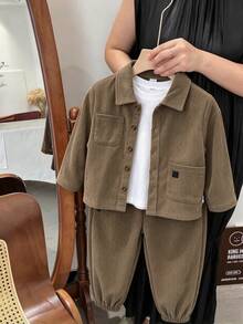 2pcs/Set Boys Casual Corduroy Fabric Long Sleeve Shacket And Pants Set, Suitable For Spring/Autumn Daily Casual Wear, Suitable For Autumn/Winter Young Boy Outfit, Comfortable Fabric, Fashionable Fit, Spring/Summer New Style, Suitable For Multiple Seasons And Occasions - Khaki - View 7