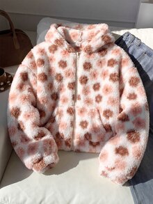 SHEIN 少女女孩休閒棕色花卉印花毛絨連帽夾克外套 秋冬返校大學風 - 棕色 - 查看 11