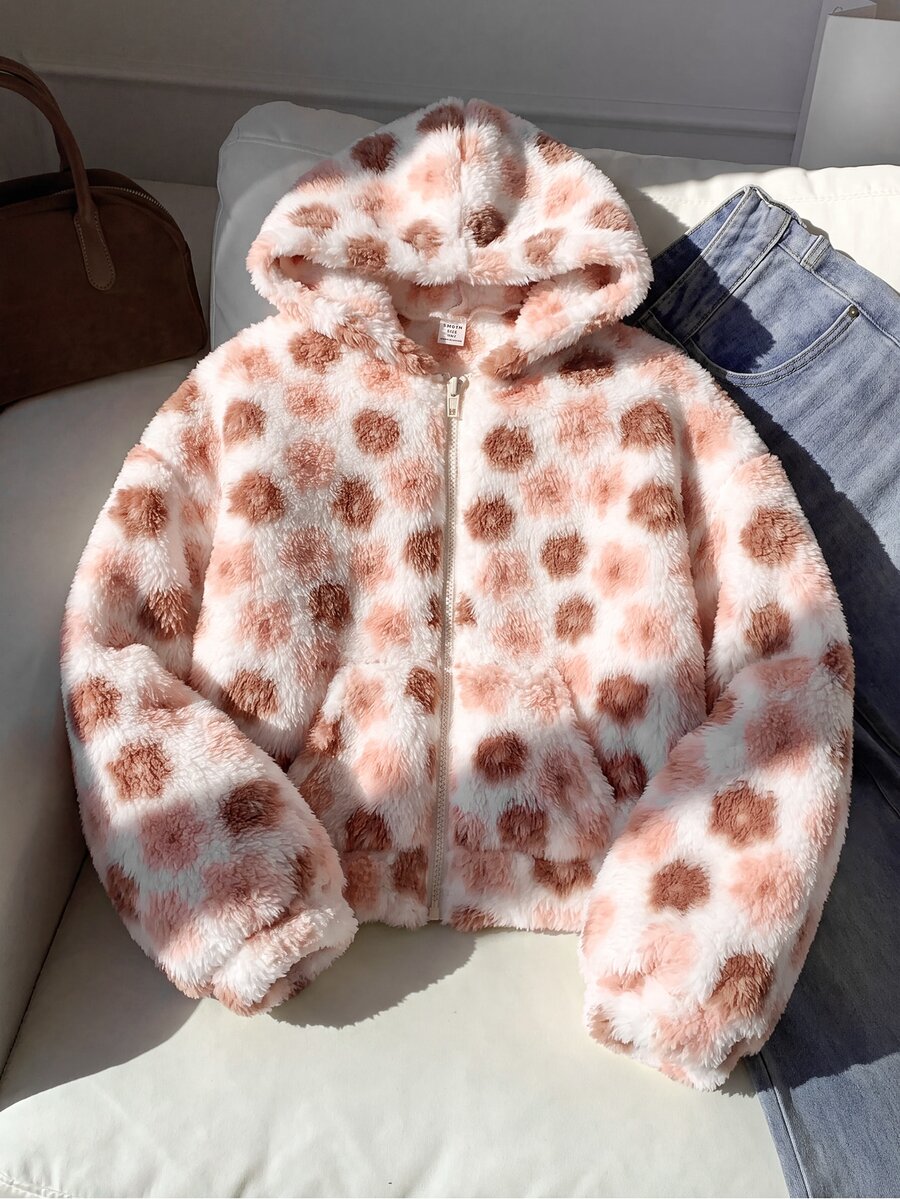 SHEIN 少女女孩休閒棕色花卉印花毛絨連帽夾克外套 秋冬返校大學風 - 棕色 - 查看 1