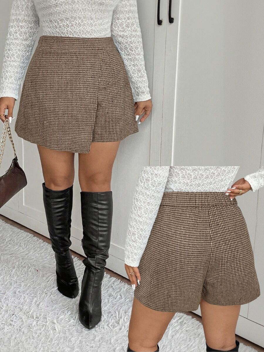 SHEIN Frenchy Plus Size Casual Elegant Preppy Asymmetrical Hem Skort Office Formal Brown Dress For Women Daily Going Out Dress