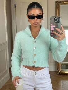 Muchica Women's Autumn/Winter Casual Light Green Cardigan Mint Green Autumn/Winter Button Sweater Christmas New Year - Teal Blue - View 1