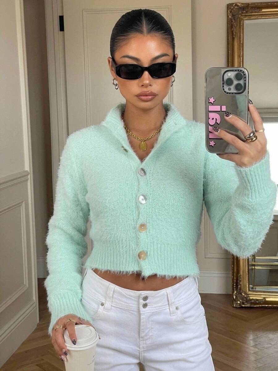 Muchica Women's Autumn/Winter Casual Light Green Cardigan Mint Green Autumn/Winter Button Sweater Christmas New Year - Teal Blue - View 1