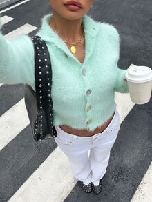 Muchica Women's Autumn/Winter Casual Light Green Cardigan Mint Green Autumn/Winter Button Sweater Christmas New Year - Teal Blue - View 7